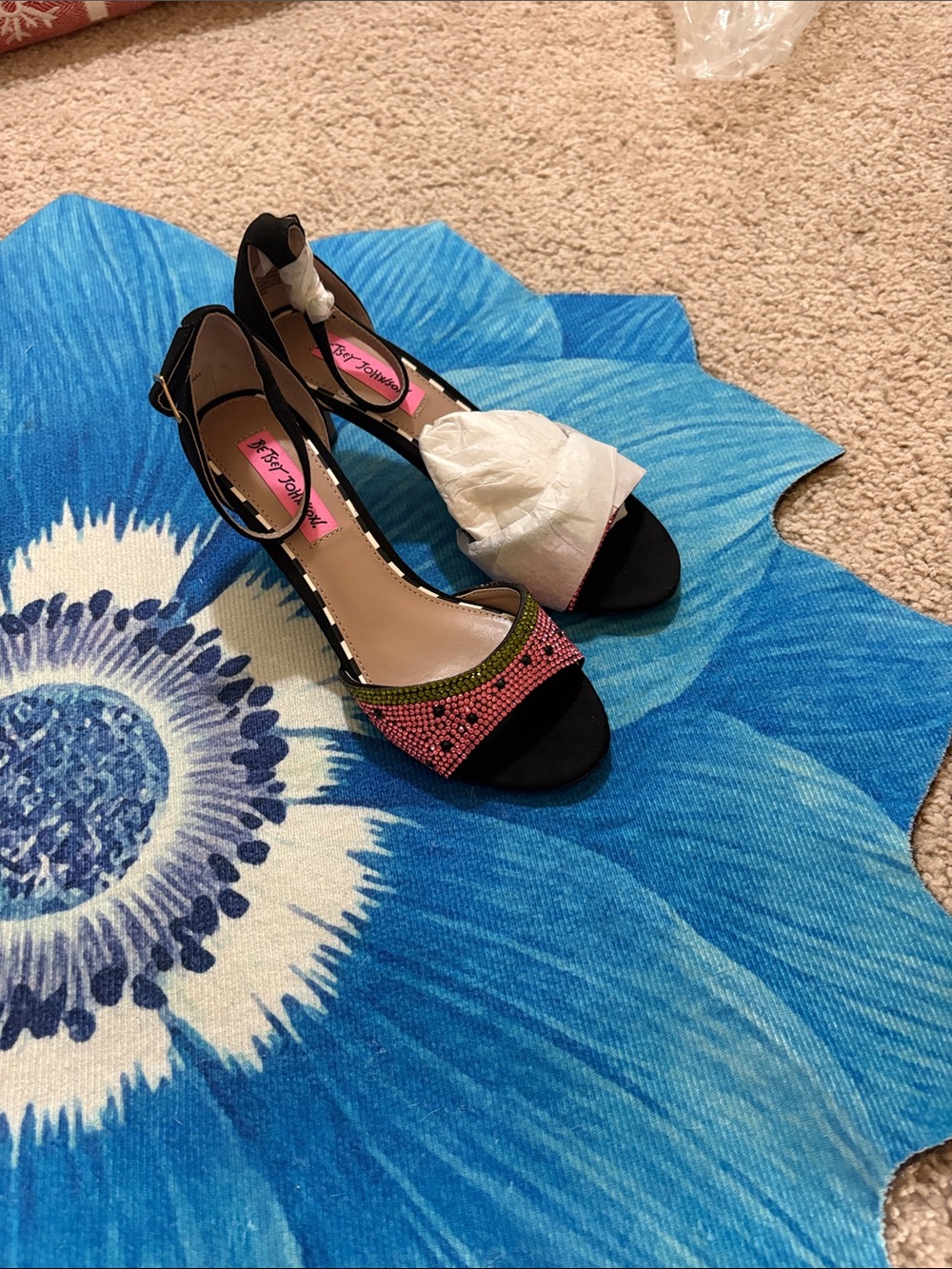 Betsey Johnson Black Open-Toe Heels with Pink and Green Beaded Front